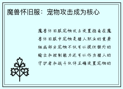 魔兽怀旧服：宠物攻击成为核心